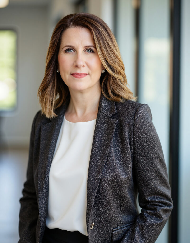 Confident businesswoman in a blazer poses in a modern office, conveying professionalism and leadership in a bright, inviting environment.